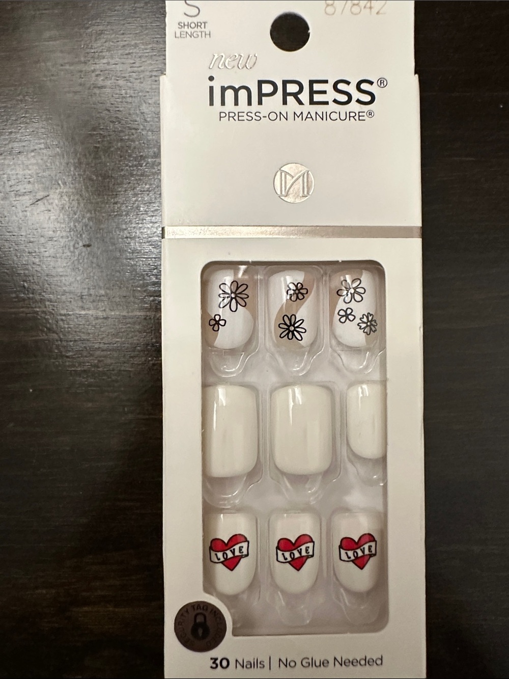 imPRESS White Press-On Nails with Black Floral and Red Heart Accents